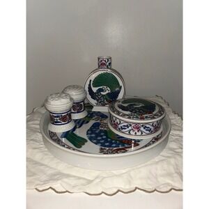 Vintage Byzantium Elizabeth Arden Peacock Vanity Set 5pc Tray Box Vase Japan